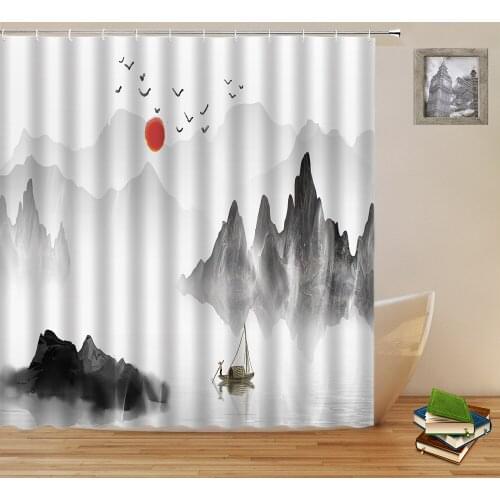 Landscape Shower Curtains Chinese Style Ink Painting Natural Scenery Pattern Bathroom Decor Waterproof Cloth Hanging Curtain