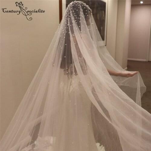 Pearls White Ivory Long Bridal Veils One Layer Cathedral Wedding Veil Velos de Noiva Beaded