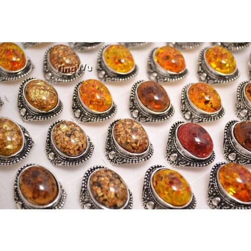 Yingwu 5pcs Wholesale Lots Big Oval Ambers Rings For Women Flower Plant Antique Silver Plated Stone Rings Fashion Jewelry