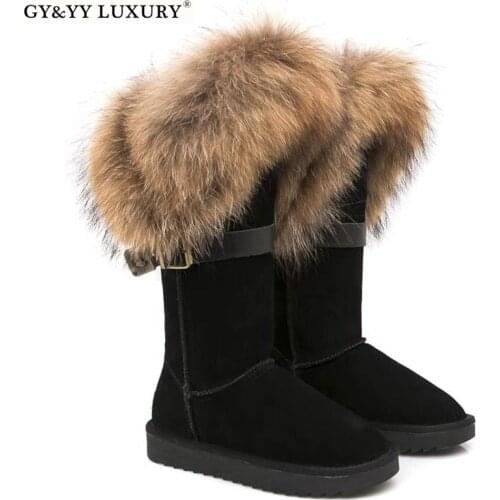 GY&YY LUXURY Natural Fox Fur Snow Boots Women Waterproof Genuine Leather Suede Mid-calf Winter Boots Raccoon Warm Flat Boots