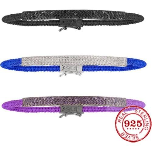 Luxury Brand S925 Sterling Silver Blue Violet Black Macrame Bracelet Cubic Zirconia Women Fine Fashion Party Jewelry