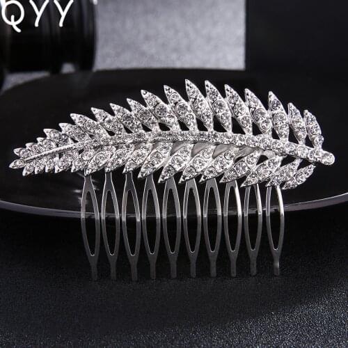 QYY Silver Color Rhinestones Bridal Wedding Hair Combs Clips Leaf Crystal Hairpins Headpieces Women Hair Jewelry Accessories