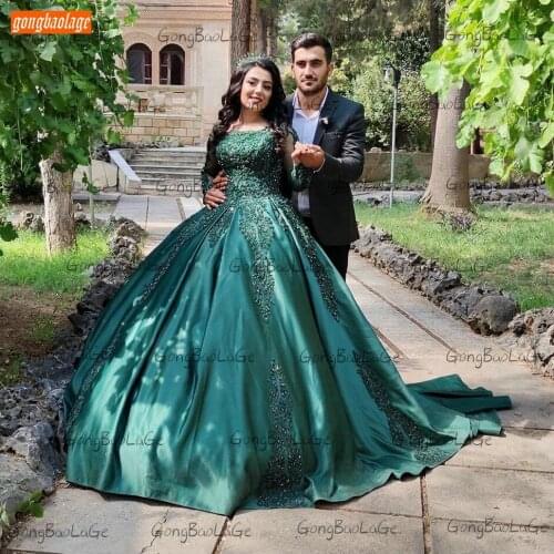 Peacock Blue Evening Gowns Long Sleeves Abiti Da Cerimonia Da Sera 2020 Satin Ball Gown Women Dresses Lace Up Appliqued Beading