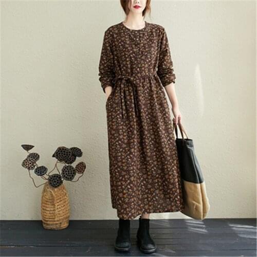 Women Autumn Cotton Linen Long Dress New Arrival 2021Arts Style Vintage Floral Print Loose Ladies Elegant A-line Dresses J082