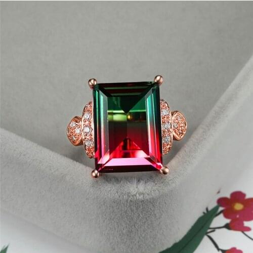 Charm Female Crystal Red Green Stone Ring Trendy Rose Gold Engagement Rings For Women Cute Rainbow Square Wedding Ring