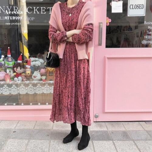 Women Spring Round Collar Long Floral Chiffon Dress Pink Long Sleeve Ruffle High Waist Loose Pullover Dresses Casual