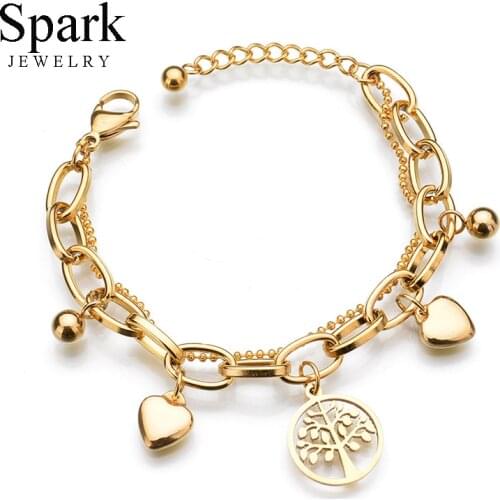 Spark Stainless Steel Tree of Life Pendant Bracelet Love Heart Double Layer Adjustable Charm Bracelets For Women Birthday Gifts