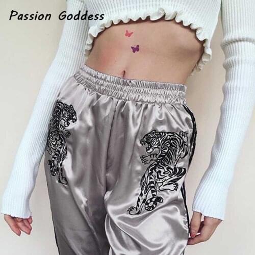 Dragon Tiger Embroidery Pink Harem Pants Women Soft Satin Sliver Pants Side Stripe Sweatpants High Waist Loose Harem Trousers