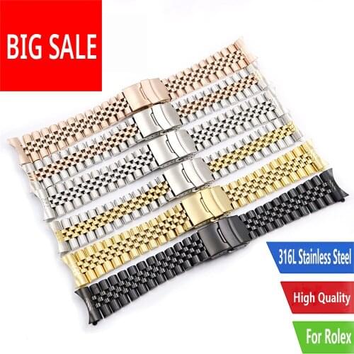 CARLYWET Gold Watch Band 19 20 22mm Hollow Curved End Solid Screw Links Replacement Bracelet For Rolex Datejust Submariner Seiko