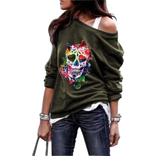 Skull Print Halloween Hoodies Loose Off-the-shoulder Cotton Pullover Long Sleeves Sweatshirts Women People Round Neck Hoodie
