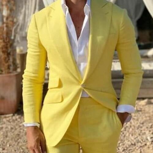 Summer Tailor Made Fashion Handsome Yellow Men Suits Slim Fit Groom Tuxedo For Wedding Dress Dinner Party Costume (Jacket+Pants)