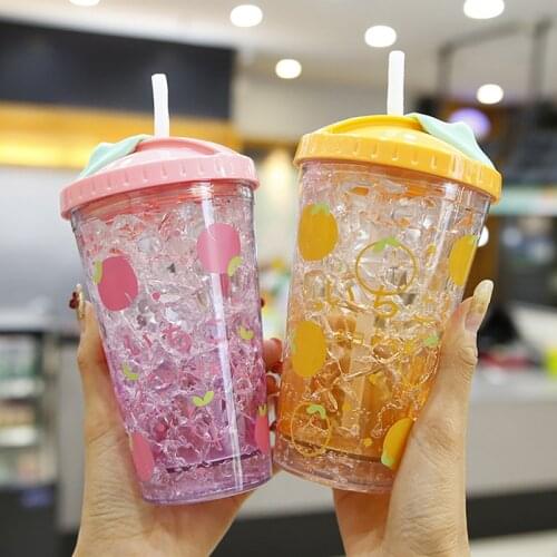 Summer Fashion Fruit Water Bottle with Straw Cup Juice Drink Cold Drink Plastic Cup Creative Student Outdoor Crushed ice Cups