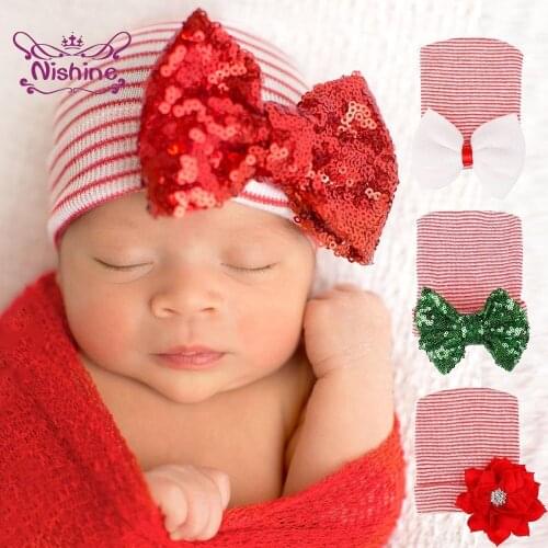 Nishine Baby Girl Glitter Sequins Bowknot Stripe Hat Newborn Rhinestone Flower Cap Children Knitted Bonnet Christmas Accessories
