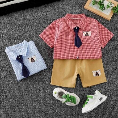 New Summer Baby Boy Clothes Sets Kids Clothes 2pcs Sets Plaid Cute Bear Short Sleeve Shirt+short Pants School Baby Clothes 0-4Y