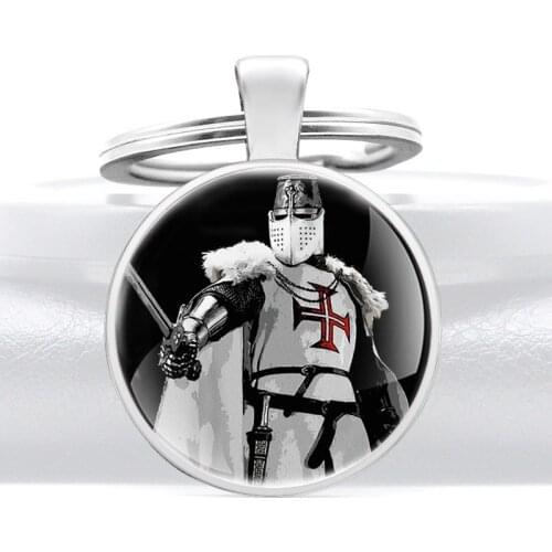 Silver Color Crusader Knight Templar Design Glass Cabochon Metal Key Chain Charm Men Women Key Ring Jewelry Gifts Keychains