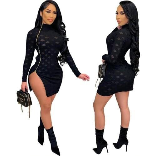 SUJYing Autumn Sexy New Fashion Perspective Zipper Half High Collar Long Sleeve Dress Split Skirt