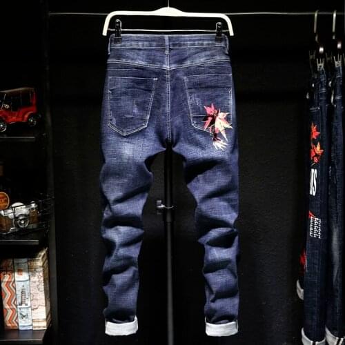 2020 Street Ripped Beggar Jeans Men Slim Fit peacock Flower Embroidery Long Trousers Summer Straight Strechy Spliced Denim Pants
