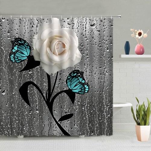 3D Butterfly Flower Shower Curtain Color Rose Plants Bathroom Partition Screen Curtains Washable Fabric Home Decor With Hooks Se