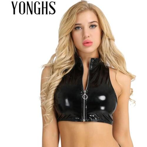 Womens Leather Latex Pole Dance Tank Top Fashion Wetlook Patent Leather Sleeveless Stand Collar Zipper Vest Punk Rave Crop Tops