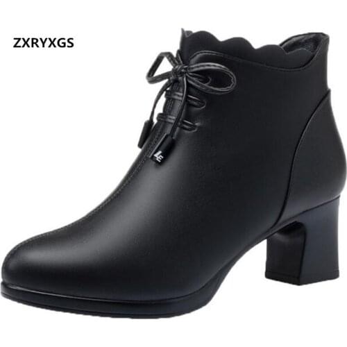 2020 Sweet Bow Autumn Winter Shoes Woman Genuine Leather Boots Ankle Boots Fashion All-Match High Heel Warm Shoes Women Boots