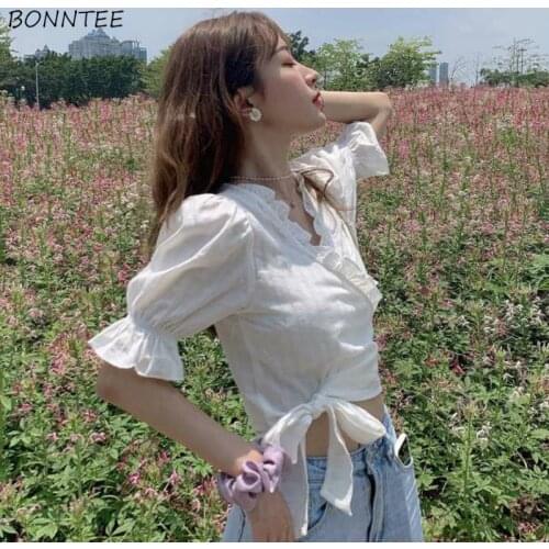 Shirts Women Solid Sweet Girls Ulzzang Ruffles Bow Design Slim Sexy Lady Crop Top New Elegant Preppy Style Holiday Chic Ins Soft