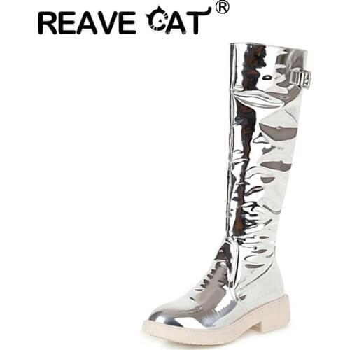 REAVE CAT Winter Ladies Knee High Boots Round Toe Zip 4CM Buckle Strap Chunky Heel Shoes Platforms US12 Black Beige Silver A4273