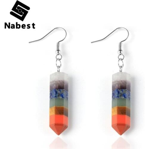 Women 7 Chakras Natural Stone Hexagonal Bullet Dangling Earring Colorful Gem Stone Hanging Reiki Yoga Healing Earrings Jewelry