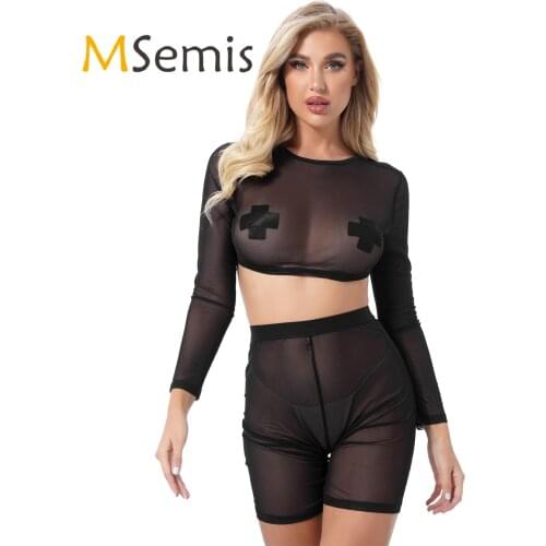Women See-through Mesh Lingerie Set Round Neck Long Sleeve Crop Top with High Waist Elastic Waistband Shorts Outfit Beachwear