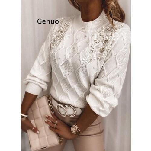 Autumn Winter Women Sweaters Neck Clothing Beaded Decor Long Sleeve Cute Knitted Pullover Warm Sweater White Elegant Jumper