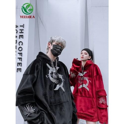 2019 Winter Thicken Warm Silver Fox Fleece Couple Hoodie Embroidered Phoenix Oversized High Quality Sweatshirt Hip Hop Men Women