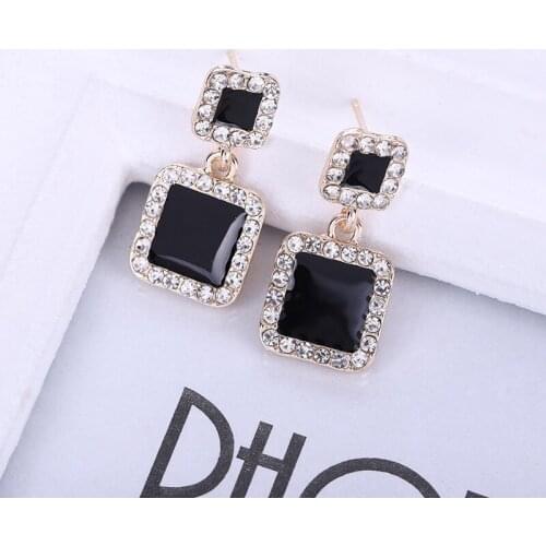 2020 New Black Oil Dripping Square Earrings Female Korean Temperament Long Rhinestone Simple Earrings Net Red Earrings Women