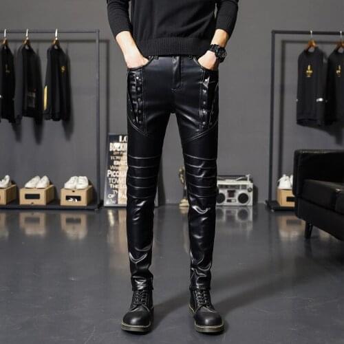 2021 Mens Autumn Thick Casual Trousers Teenagers Rivet Slim Fit Patchwork Feet PU Leather Pants