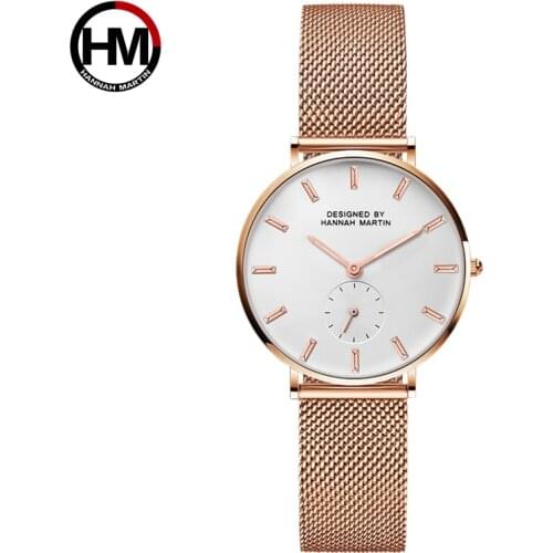 Japan Quartz Movement Simple Wristwatches Women Waterproof Black Dial Compass Design Stainless Steel Mesh Band Casual Watches