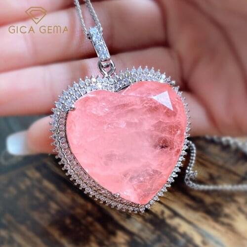 GICA GEMA Classic Heart Shaped Pendant Necklace For Women Morganite Pink Gemstone Vintage Wedding Engagement Party Fine Jewelry