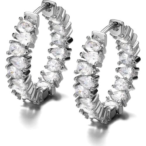 Huitan Korean Fashion Women Hoop Earrings Pear Cut Cubic Zirconia Crystal Delicate Girl Party Accessories Birthday Gift Earrings