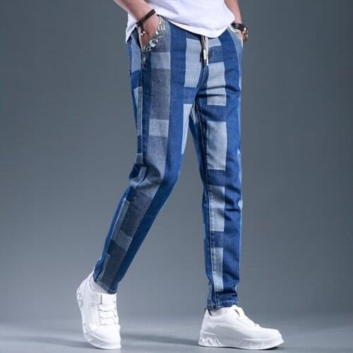 2021 New Men Blue Patchwork Jeans Fashion Drawstring Denim Trousers Korean Style Regular Fit Pencil Pants