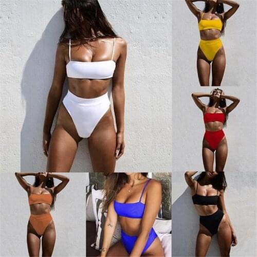 2021 Summer Sexy Bikini Set Women Swimsuit 4 Solid Color Bikini Waist High Swimwear Padded Backless Straps Bra Swimsuit