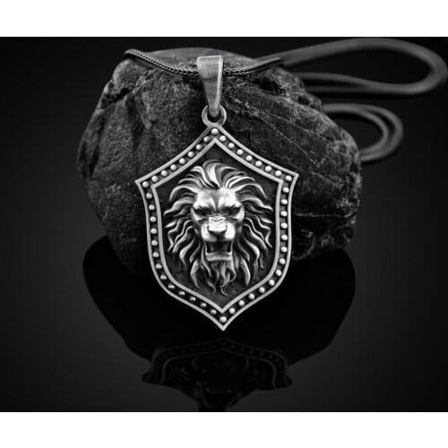 Hot sale zodiac lion shield pendant necklace for man retro lion head tag Mens chain necklace accessories