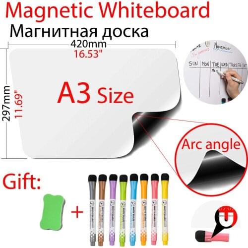 Arc Angle Magnetic Whiteboard A3 Size 11.69" X 16.53" Dry Erase White Boards Memo Boards 8 Magnetic Watercolor Pens 1 Eraser
