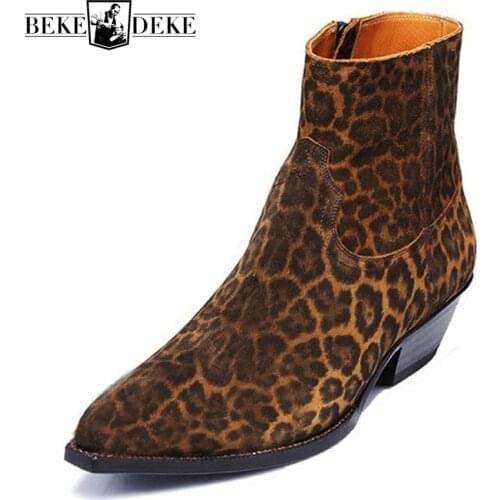 Runway Luxury Brand Men Leopard Printed Chelsea Boots Pointed Toe Cow Suede Cowboy Ankle Boots 2019 Summer Dress Botas Plus Size