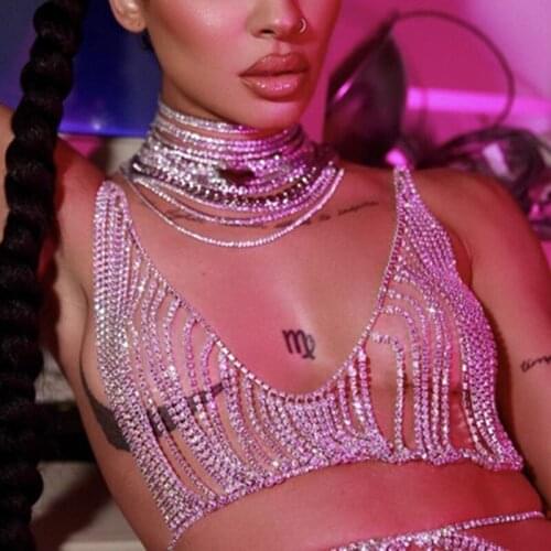 INS Fashion Sexy Harness Top Bra Luxury Rhinestone Shiny Body Chain Lingerie Woman Nightclub Prom Erotic Bikini Jewelry Costume