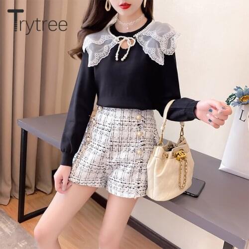 Trytree 2020 Autumn Winter Two Piece Women Sets Casual Pearl Bow Lace Double-layer Sweater + Plaid Buttons Shorts 2 Piece Set