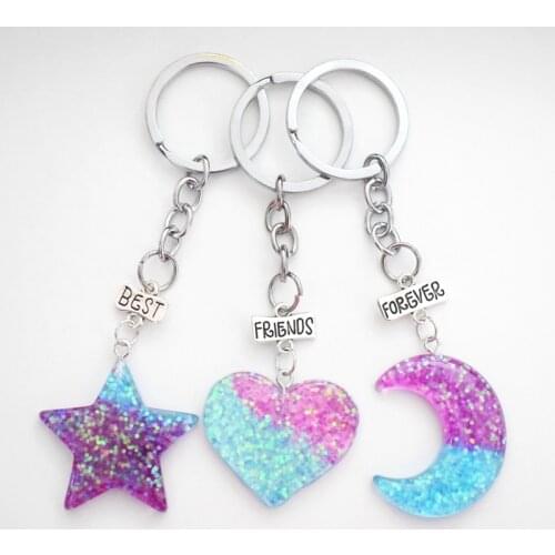 Resin Glitter Star Moon Heart Pendant Best Friends Forever BFF Key Chains Kids Key Ring Friendship Gifts For Girls,Boys 3pcs/lot