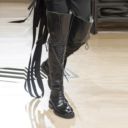 Women Cow Leather Front Lace up Over the Knee Boots Thick sole Long Martin Boots Chunky High Heels Winter Knight Boots Shoes