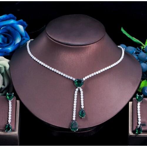 ThreeGraces Gorgeous Green CZ Stone Long Water Drop Tassel Earrings and Necklace Bridal Wedding Prom Jewelry Set for Women T0624
