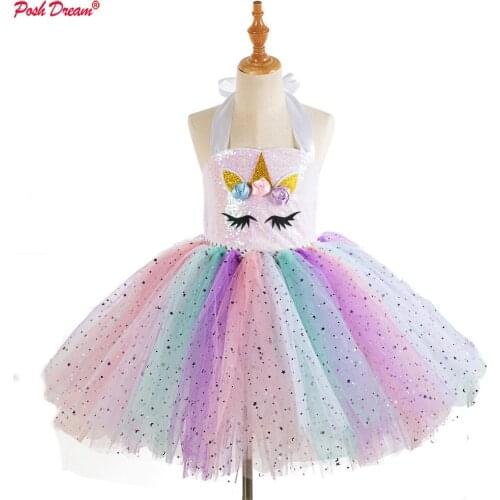 POSH DREAM Sparkly Tulle Unicorn Kids Girls Tutu Dresses for Christmas Halloween Party Costumes Rainbow Children Tutu Dresses