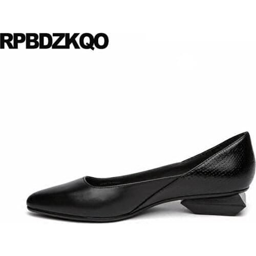 Shoes Size 4 34 Women Black 2018 Famous Celebrity Italian Autumn Novelty Genuine Leather Pumps Block Dress Low Heels Pointed Toe