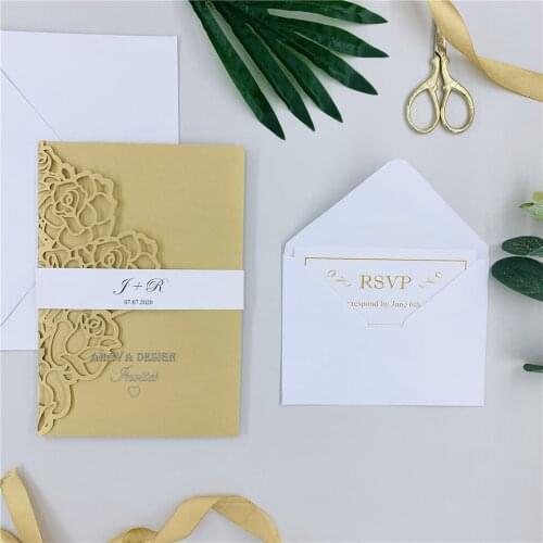 Splendid Gold Customized Laser Cut wedding invitations With RSVP Card And Belly Band, invitaciones de 15