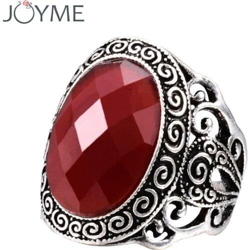 Vintage Look Tibetan Alloy Antique Silver Plated Wedding Rings For Women Red Big Resin Black Male Masonic Ring