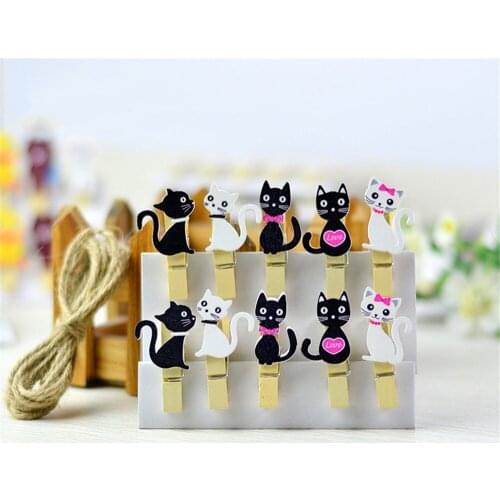 10pcs/pack Kawaii Cat Wooden Clip with Hemp Rope Photo Message Card Clip Set Cute Bookmark Cartoon Paper Clip Hand Account Tool